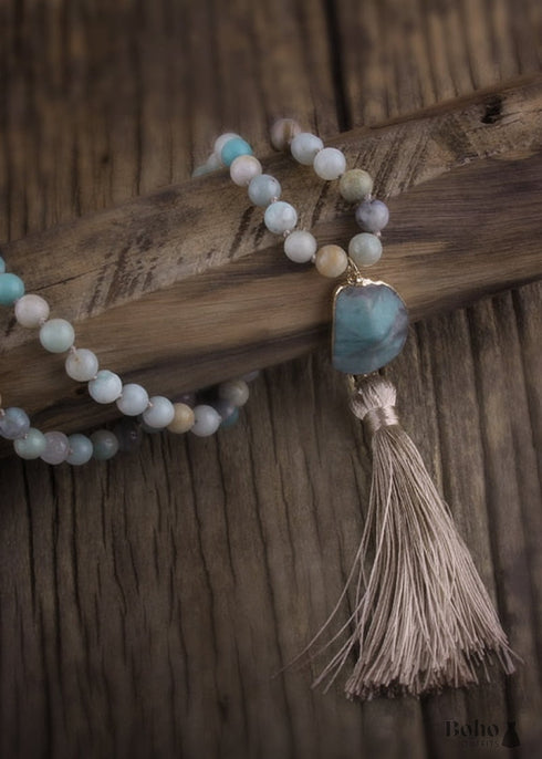 Boho Necklace, RH Rose Quart Amazonite, Oval Tassel Pink Natural Stone